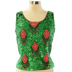 50s Vintage Beaded Sequin Wool Top Womens S Green Coral Rockabilly Cocktail Tank